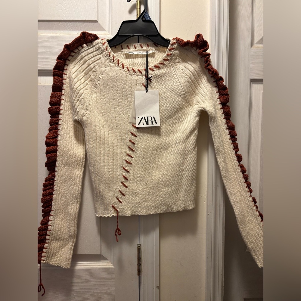 Zara Knit Sweater with Dark Red Ruffles and Stitching